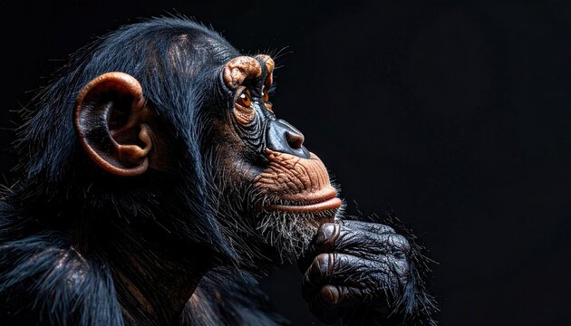 Close up portrait of a thoughtful chimpanzee primate looking away.