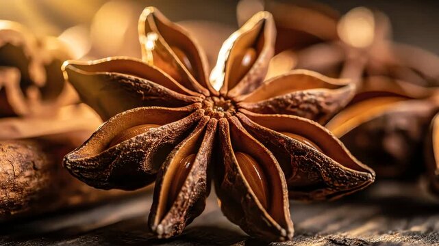 Close up of star anise spices on rustic wooden surface with selective focus