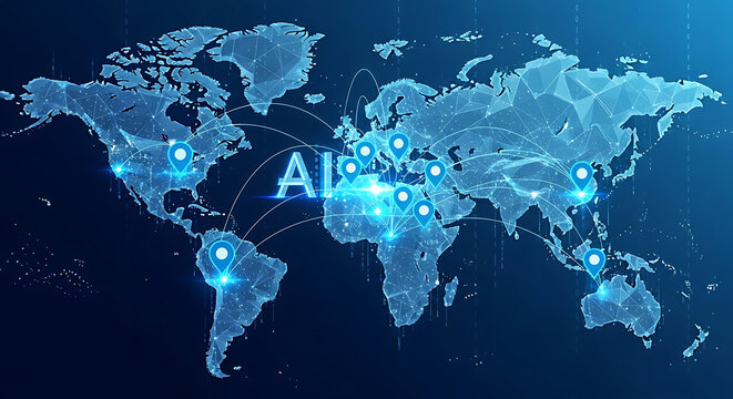 Abstract digital world map with glowing pin markers on global locations against a sleek blue background for international business logistics corporate communication and connectivity