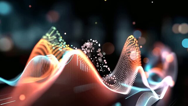 Abstract wide format digital data visualization artwork a sweeping landscape of layered transparent graphs and data streams flowing diagonally across a dark field the foreground
