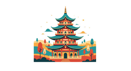 Fototapeta premium Colorful illustration of traditional asian pagoda with landscape elements