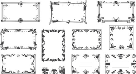 Fototapeta premium Set of Christmas hand drawn border frames. Xmas trendy vintage backgrounds in red, green and pink colors. Minimalist holiday posters, invitation, greeting card. Vector illustration simple