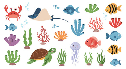 Obraz premium Large set of adorable ocean animals and underwater elements like stingrays, crabs, seahorses, and various types of seaweed and coral.