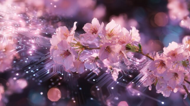 The enchanting bloom of cherry blossoms. Cyber interaction. Blushing sakura sanctuary: vibrant blooms and whispering petals. Ai collaboration. Cognitive computing.