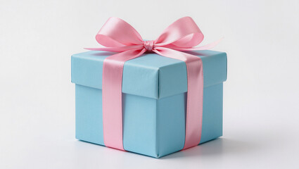 Fototapeta premium Elegant Blue Gift Box with Pink Ribbon on White Background - Celebration Present