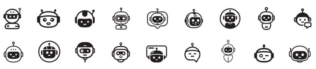 Obraz premium Cute Robot Face Line Icons Set, AI Bot Avatar Outline Vector Collection, Chatbot and Artificial Intelligence Robot Head Icon Pack