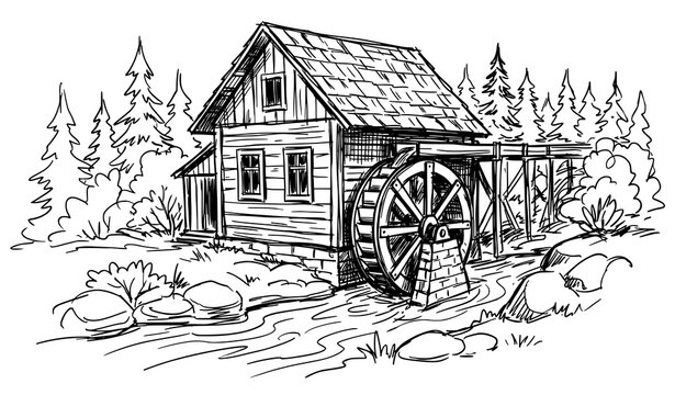 Rustic water wheel mill near forest stream hand drawn vintage sketch vector