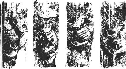 Fototapeta premium Four artistic vertical tiger portraits in black and white ink brush with textured details