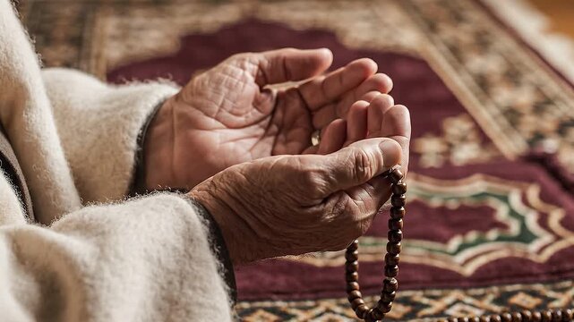 Hands raised in prayer with prayer beads, expressing deep devotion against a richly patterned locale