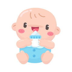 Cartoon baby drinking milk from baby bottle wearing a blue diaper on white background