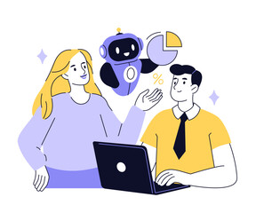 Team working in office and use ai agent or digital coworker for to manage workflows and solving business tasks. Vector illustration.