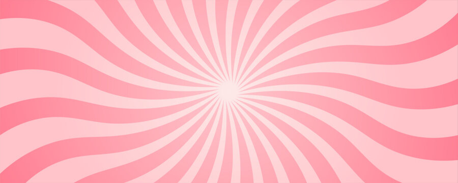 Candy color sunburst background. Abstract pink cream sunbeams design wallpaper. Colorful spinning lines for template, banner, poster, flyer. Sweet rotating cartoon swirl or whirlpool. Vector backdrop