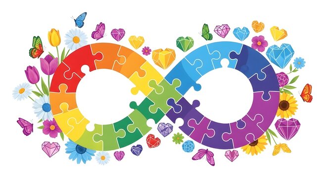 Symbol of infinity made of puzzle pieces in rainbow colors, with flowers, butterflies, and hearts, representing diversity, autism awareness, and love