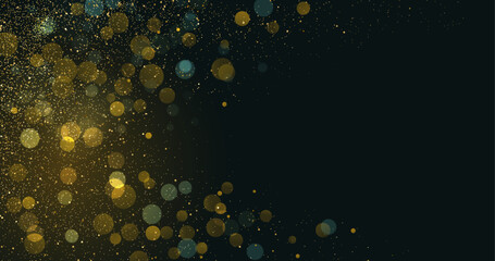 Obraz premium Shiny Festive Background. Abstract Gold Glitter Background. Bokeh and Confetti Design Element for Merry Christmas and Happy New Year Banner, Poster, Card, Website Congratulations. Holiday Party BG.