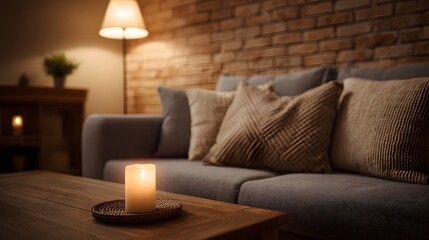 Fototapeta premium A cozy living room scene with a lit candle on a coffee table comfortable sofa and warm ambient lighting against a brick wall