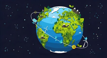 Fototapeta premium Global Sustainability Illustration with Renewable Energy and Environmental Concepts on Earth - An Eco-Friendly World in Harmony and Green Progress