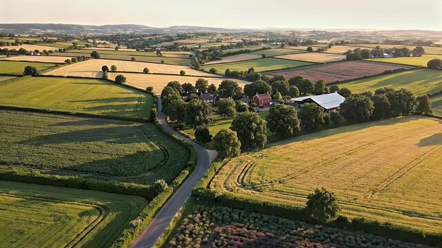 A stunning and realistically rendered top-down drone perspective illustration of beautiful agricultural landscape, featuring patchwork of geometric farm fields in various colors representing differen