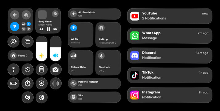 Apple iOS Control Center and Notification Panel Interface Mockup Featuring Media Controls Airplane Mode WiFi Bluetooth Toggles with YouTube WhatsApp Discord TikTok Instagram Alerts on Smartphone UI