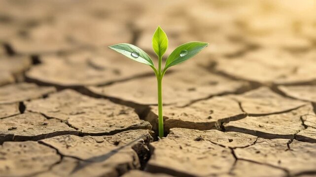 Green sprout emerging from cracked dry earth. Small plant with water droplets on leaves growing in parched desert soil. Lockdown wide shot.