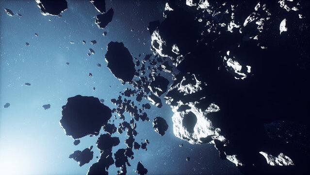 dark asteroid field with icy craters and glinting surfaces, prospector drone scanning for mineral veins while distant starlight silhouettes jagged rock, cold