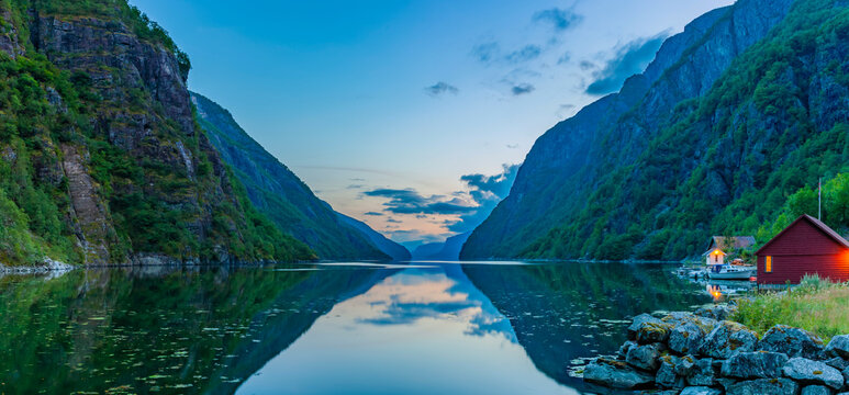 Red house on a fjord in Norway