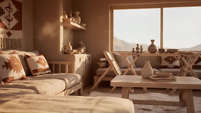 A 3D architectural visualization of modern wanderer's sanctuary, dominated by soft terracotta and sand tones that suggest life of travel, mindful simplicity, and flexible habitation