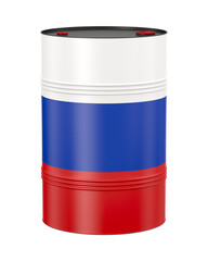 Steel oil drum with Russian flag on white background. Isolated 3D illustration