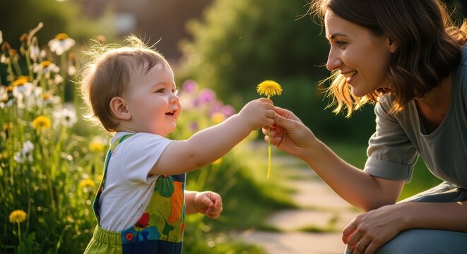 Mother receiving a flower from a smiling toddler in a sunny garden