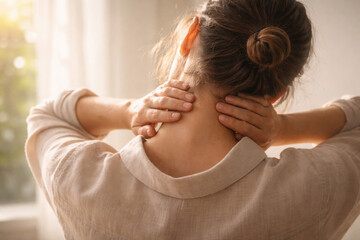 Fototapeta premium Experiencing somatic sensations, woman gently massages her neck, seeking relief from tension in serene environment
