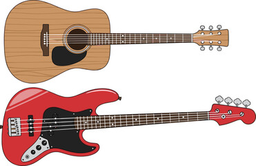 Obraz premium Acoustic Guitar and Electric Bass Vector Illustrations Highlighting Musical Instrument Difference
