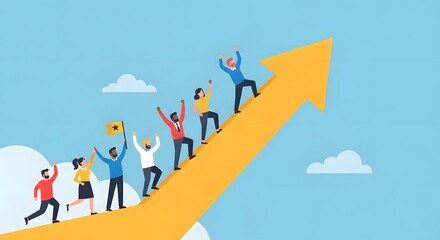 Obraz premium A group of people climbing up an arrow pointing upwards in a blue sky with clouds