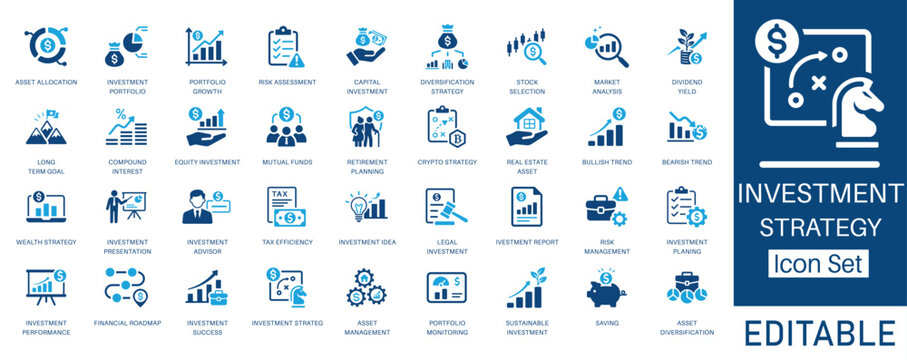 Investment Strategy and Wealth Management solid icon set. Featuring Asset Allocation, Crypto Strategy, Mutual Funds, and Diversification. Solid glyph vector icons for finance and banking projects.