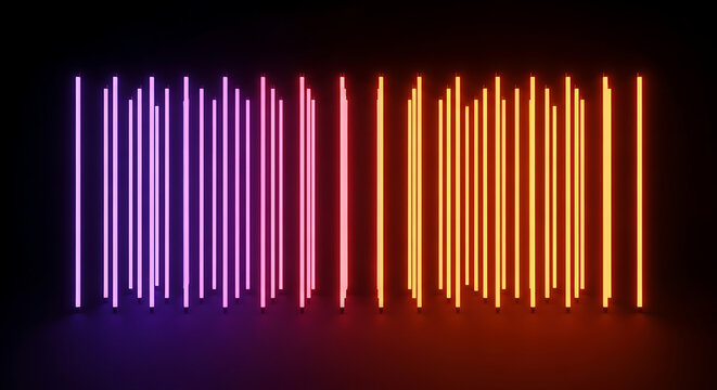 Abstract 3D Render of Vibrant Vertical Neon Light Tube and Luminous Purple Orange Glowing Pillar Illuminating Minimalist Dark Background Futuristic Electronic Cyberpunk Ray Tracing Illustration