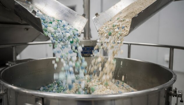 Medium shot of recycled plastic pellets entering a mixing machine with stabilizers added highlighting ecofriendly material compounding in action.