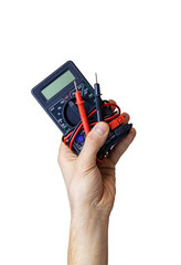 Electrician's tools in hand. Selective focus.