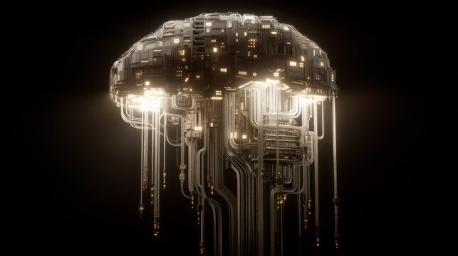 Abstract digital brain concept illuminated against a black background