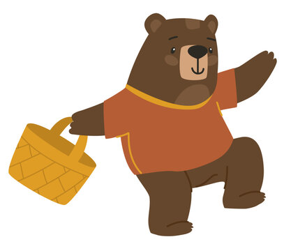 Bear with a basket picking berries. Bear character. Flat vector illustration.
