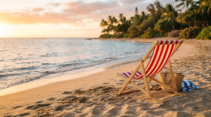 Obraz premium Red and white striped deckchair on a sandy beach beside calm ocean waves during golden hour