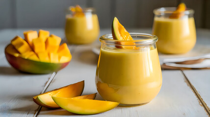 Fresh mango slices and mango puree in glass jars on a wooden table