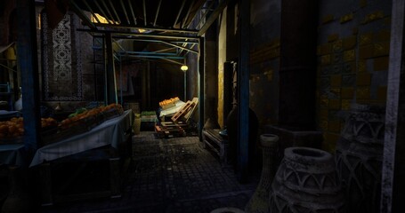 shadowed artisan corridor featuring pottery, brass lamps and stacked shelves, narrow passage with dramatic light rays and textured surfaces, moody craft