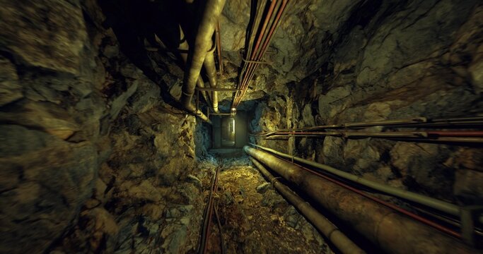 abandoned mine shaft plunging into darkness, rusted pipes and cables line narrow rocky corridor under crumbling supports, scattered debris and timber create