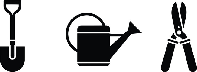 Black silhouettes of gardening tools shovel watering can and shears on white background spade © Mst
