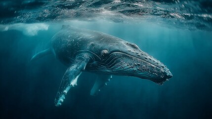Obraz premium The grace of giants: enchanting whales navigate greenland's frozen majesty. Extravagant style. Humpback whales breaching under aurora skies near llulissat's colossal icebergs.