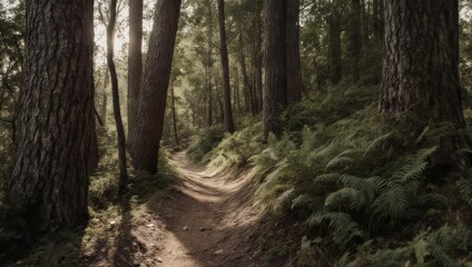 Obraz premium Sunlit Forest Trail - A Serene Path Through Natures Embrace.