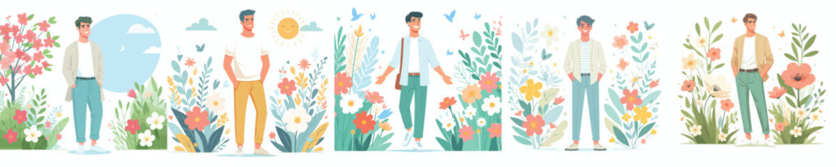 vector of a man standing happily in the park during spring
