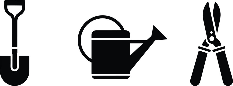 Black silhouettes of gardening tools shovel watering can and shears on white background spade