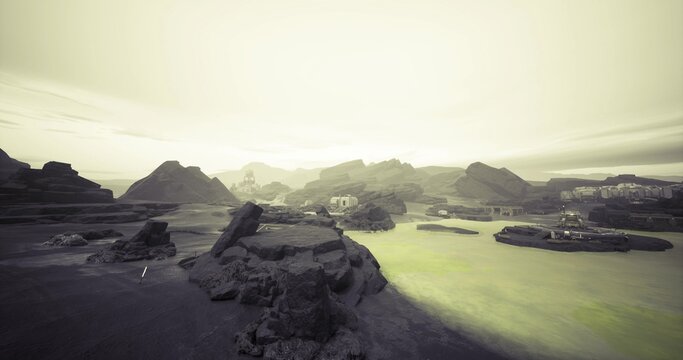 Sunset rocky shore with salvage operation and heavy machinery, crews reclaiming twisted metal and derelict structures, warm amber light casting dramatic