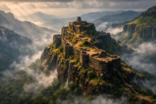Ancient basalt rock fort walls standing dramatically above green valleys during misty sunrise in Sahyadri mountains Maharashtra
