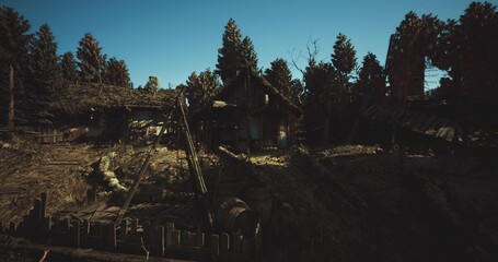 Obraz premium Dusk forest cabin perched on hill, abandoned homestead under towering pine silhouettes, warm window glow contrasts deep shadows, weathered porch and picket