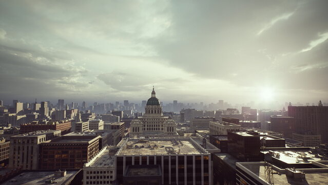 stormy dawn over capitol dome skyline, moody aerial footage highlights dramatic clouds and piercing sunrays, urban responder coordinates rooftop inspection,